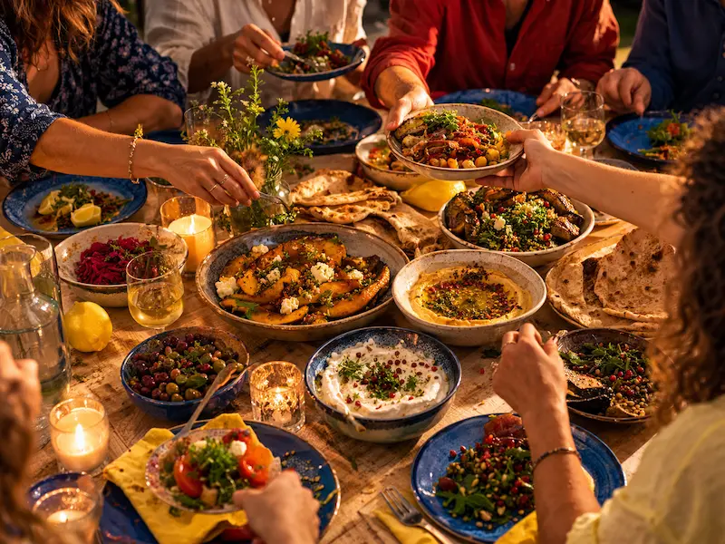 A sharing table of mezze and platters in warm light with several hands reaching in