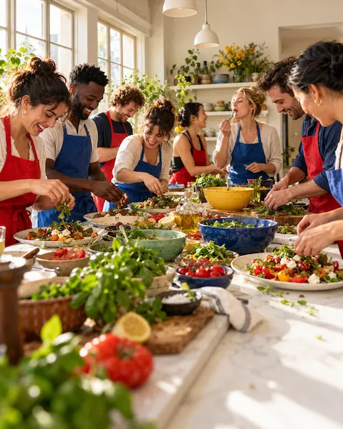 A lively group in aprons cooking together at a long worktop, mid-laugh