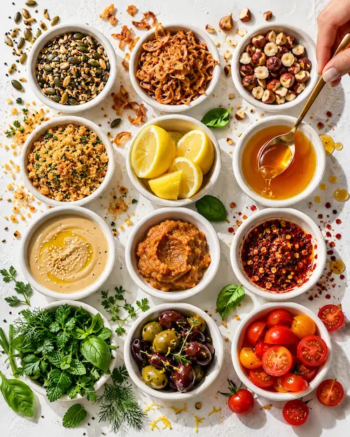 Small bowls of ingredients, dressings and crunchy toppings laid out like a laboratory of flavour