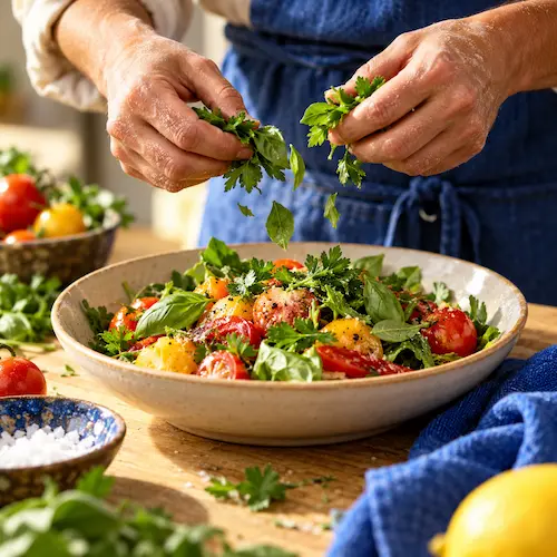 Hands tearing fresh herbs over a bowl of dressed leaves in warm light