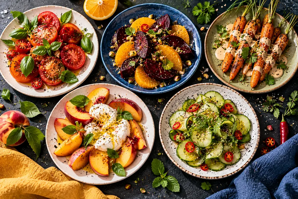 Five small groupings of ingredient pairs on a chalk-white surface: tomatoes with basil, beetroot with orange, carrots with tahini