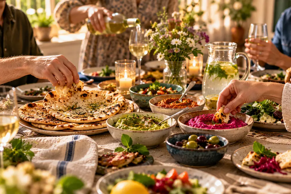 A relaxed dinner table with guests reaching for flatbreads and dips while the host pours drinks, in warm natural light