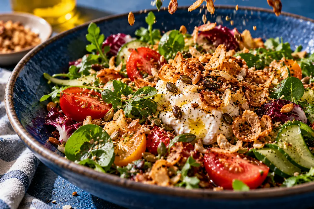 A close-up of a salad with toasted seeds, crispy shallots, creamy cheese and glossy leaves in a cobalt-blue bowl