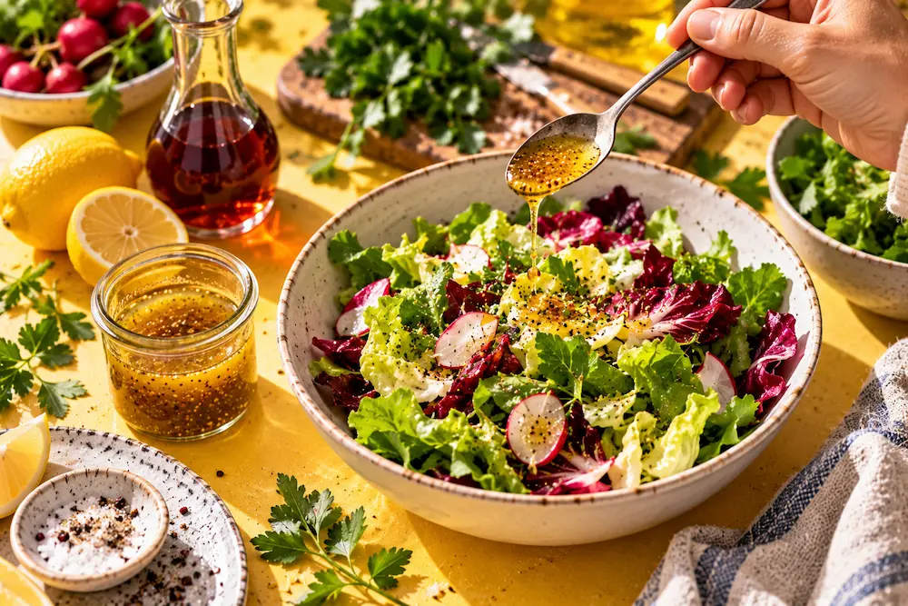 A hand holding a small spoon of glossy vinaigrette over a bowl of leaves, lemons and a jar on a butter-coloured table