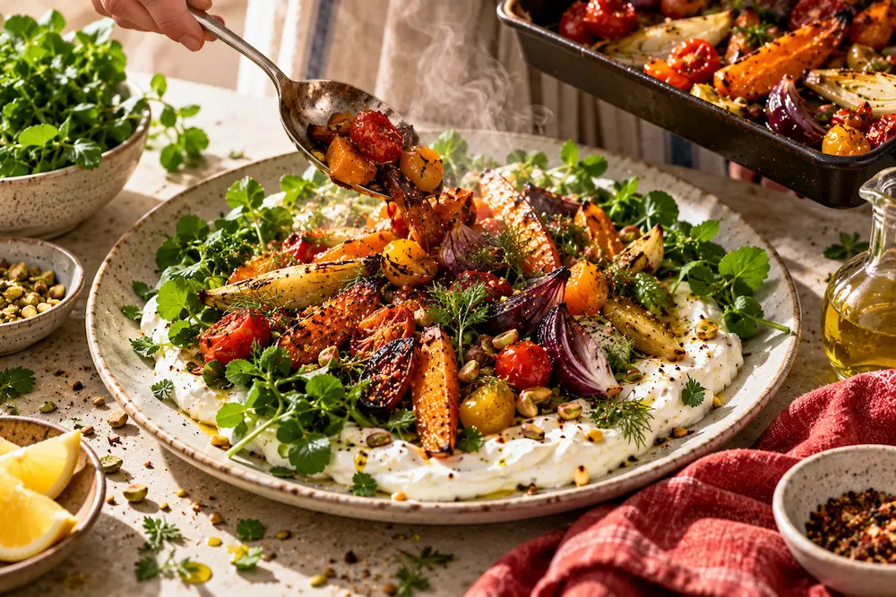 Steam rising from freshly roasted vegetables being spooned onto cool whipped yoghurt and crisp leaves on a large plate