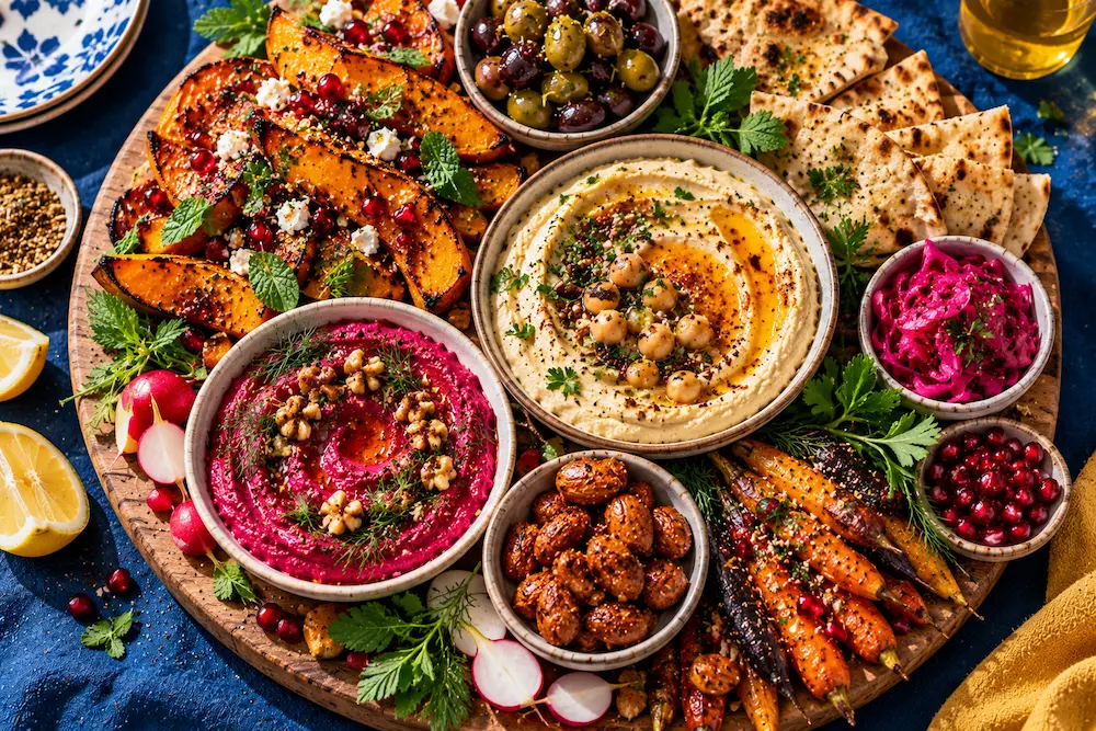 A large autumn mezze board with roasted squash, hummus, labneh, pickles, olives and warm flatbreads
