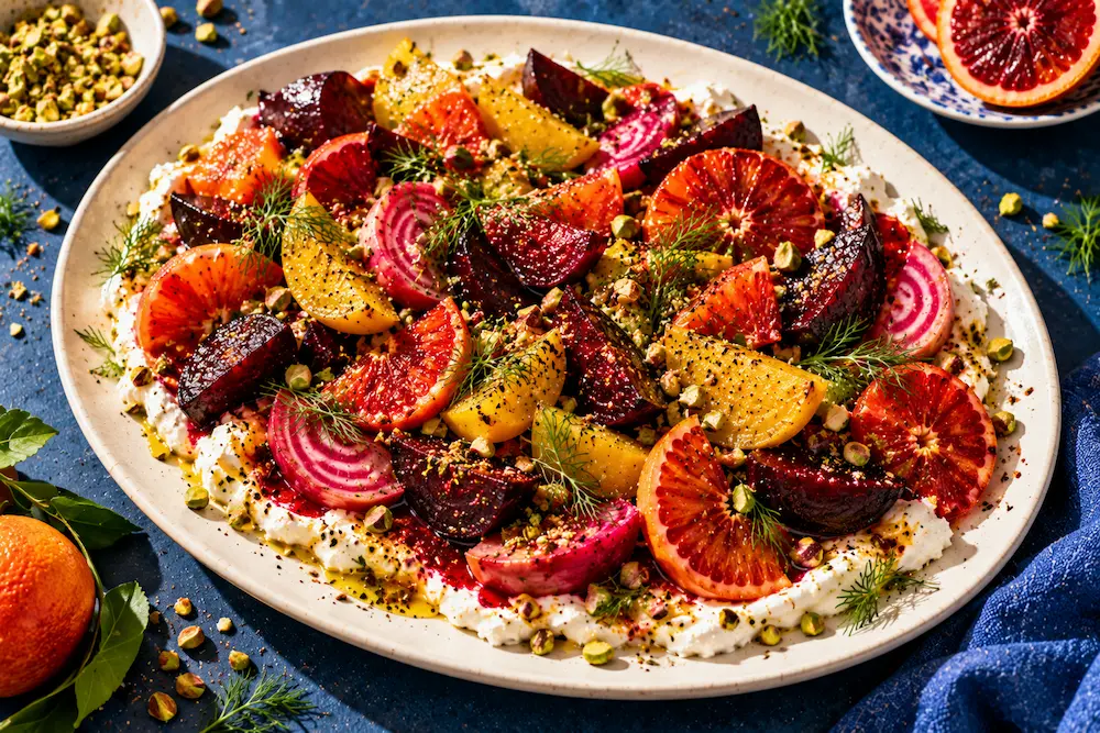 Jewel-coloured roasted beetroot and blood orange slices on whipped goat’s cheese with crushed pistachios