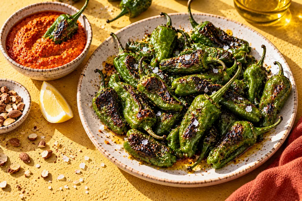 Blistered green padrón peppers with flaky salt beside a bowl of brick-red almond romesco
