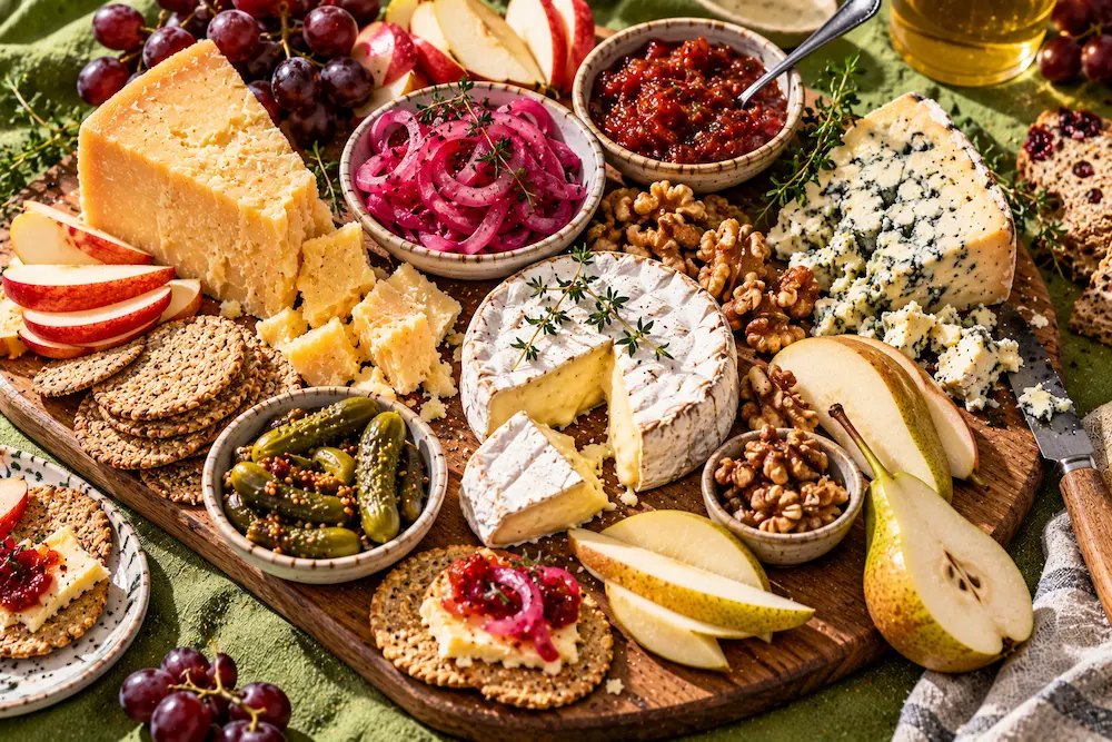 A wooden board with British cheeses, pink pickled onions, sliced pickles, chutney, apple wedges and oatcakes