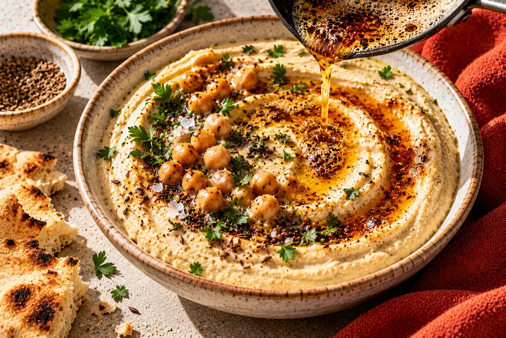A swirled bowl of pale silky hummus topped with sizzling brown butter, cumin seeds and whole chickpeas