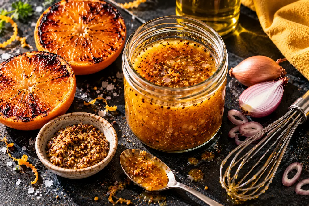 A glass jar of amber vinaigrette with caramelised orange halves and a spoon of grainy mustard beside it