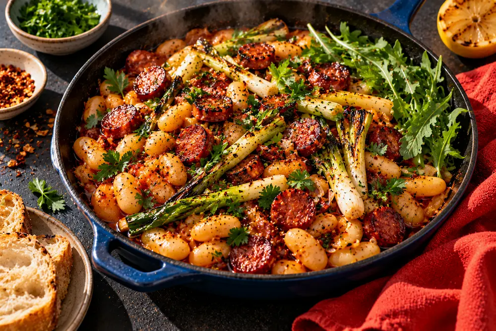 A warm salad of creamy butter beans, crisp chorizo, charred spring onions and parsley in a shallow dish