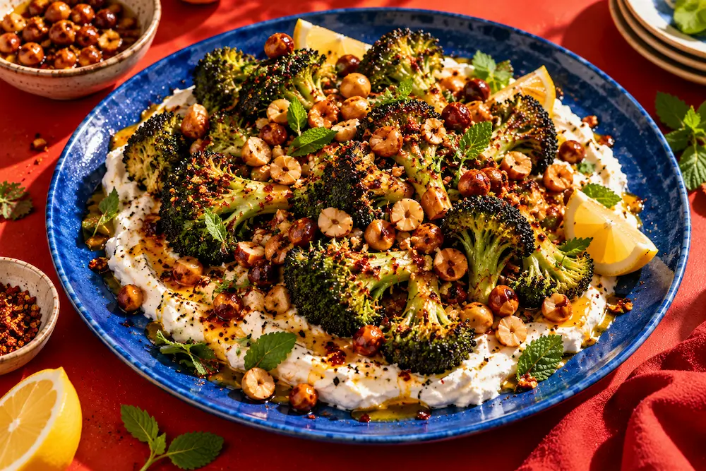 Blackened broccoli florets on a swirl of whipped feta scattered with glossy hazelnuts and mint