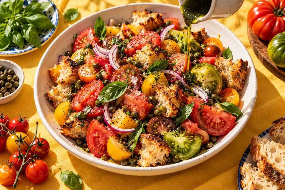 A wide bowl of multicoloured heritage tomatoes with golden torn sourdough croutons and a bright green basil oil