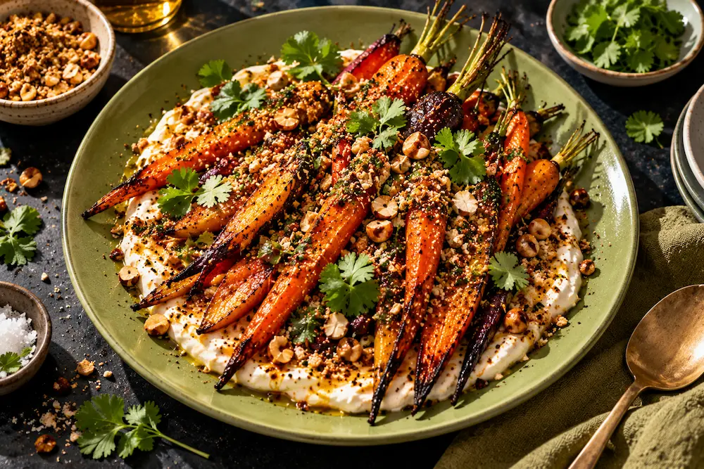 Caramelised roasted carrots on a swirl of tahini yoghurt dusted with hazelnut dukkah and coriander