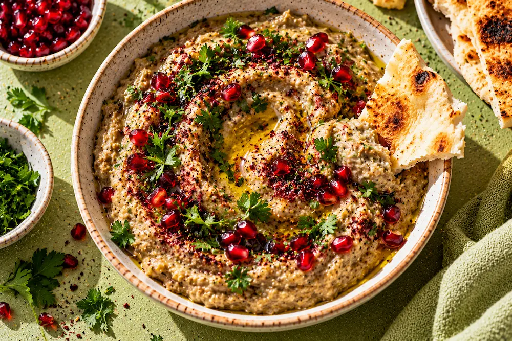 A shallow bowl of silky smoky aubergine dip swirled with olive oil, pomegranate seeds and parsley