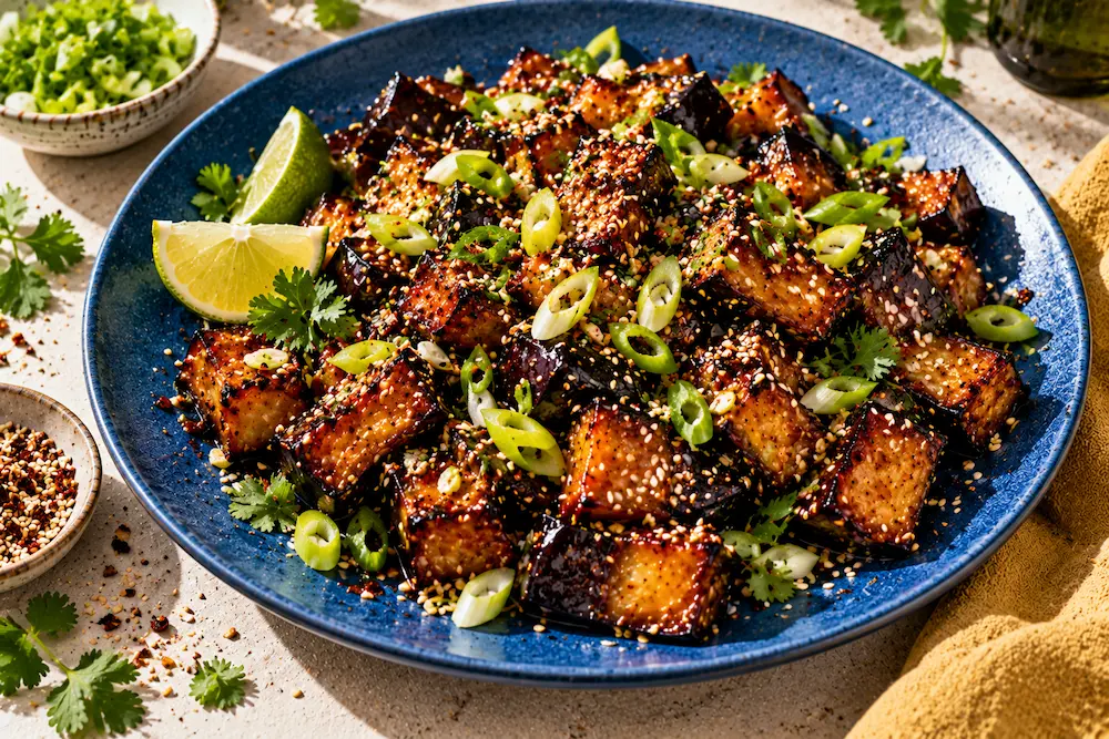 Glossy golden-brown cubes of aubergine glazed in sticky sauce, scattered with sesame seeds and sliced spring onion