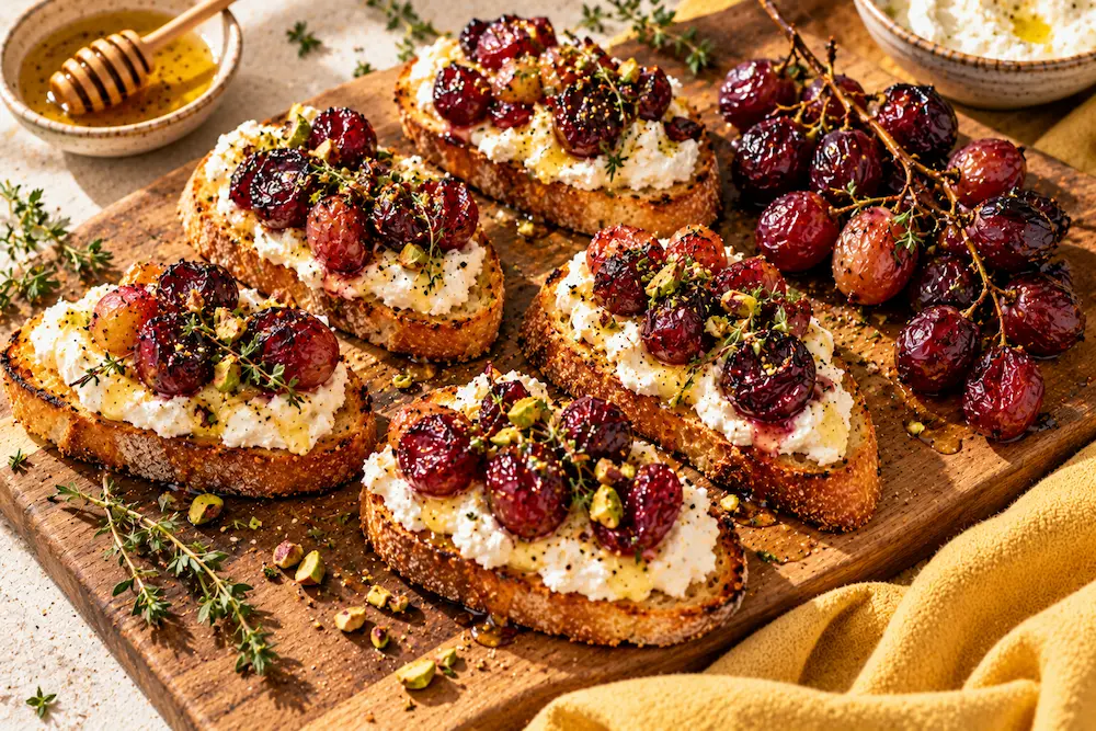 Golden crostini topped with whipped ricotta, blistered roast grapes, thyme leaves and a drizzle of honey