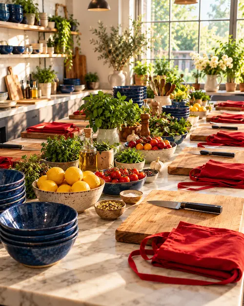 The studio worktop in soft daylight, laid with bowls of colourful ingredients ready for a workshop