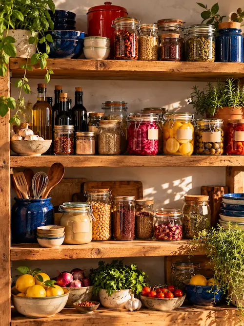 An open pantry shelf of jars: tahini, pickles, spices, vinegars, olive oil and dried chillies