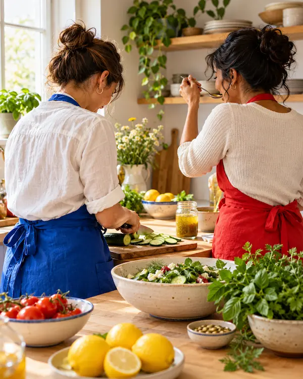 Cooks working side by side at a pale wooden worktop, chopping and tasting