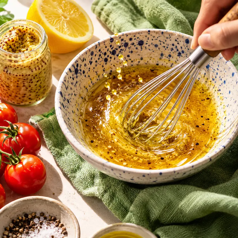 Close-up of a hand whisking a glossy dressing in a ceramic bowl