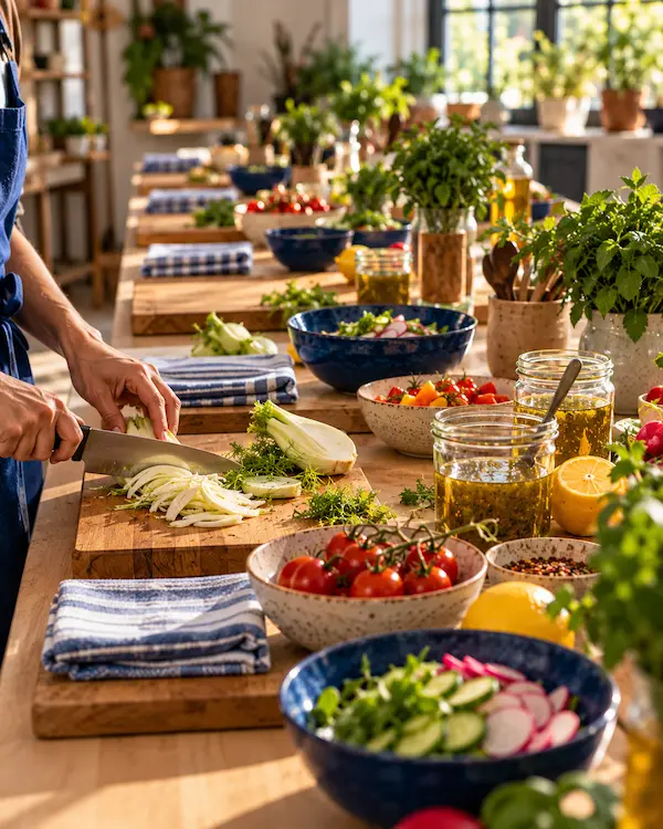 Rows of individual worktop stations with chopping boards, bowls and fresh herbs ready for a class