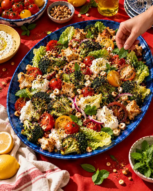 A huge salad of charred broccoli, whipped feta and torn leaves on a cobalt-blue platter