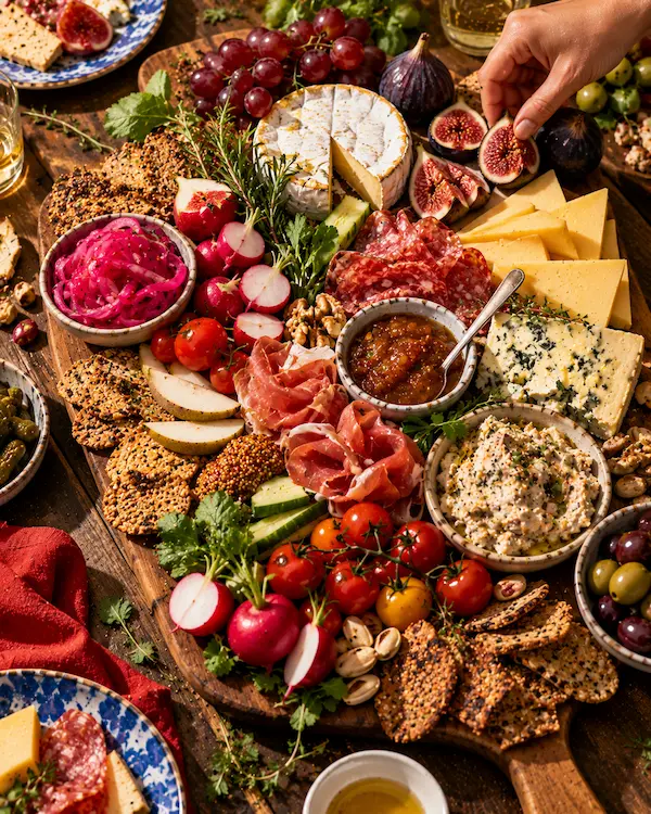 A generous grazing board with cheeses, pickles, radishes, dips and flatbreads on a dark wooden table