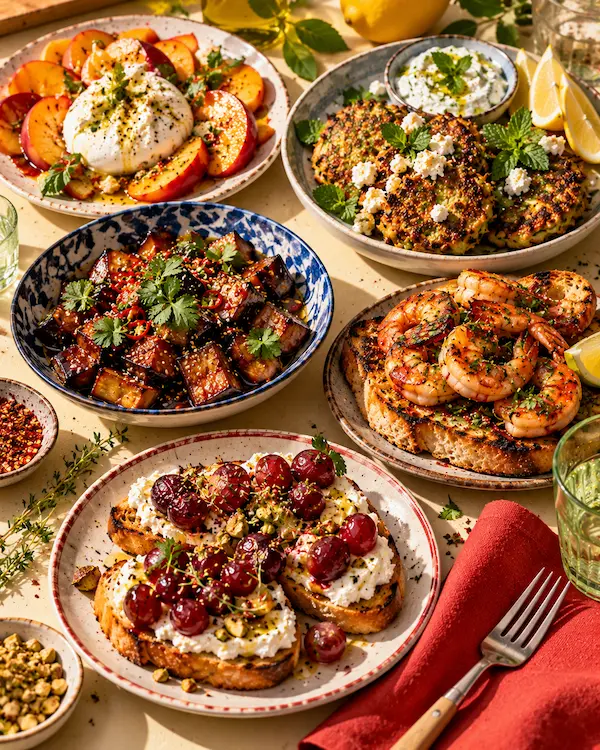 A row of small plates: burrata with nectarines, golden fritters, glossy aubergine and prawns on toast